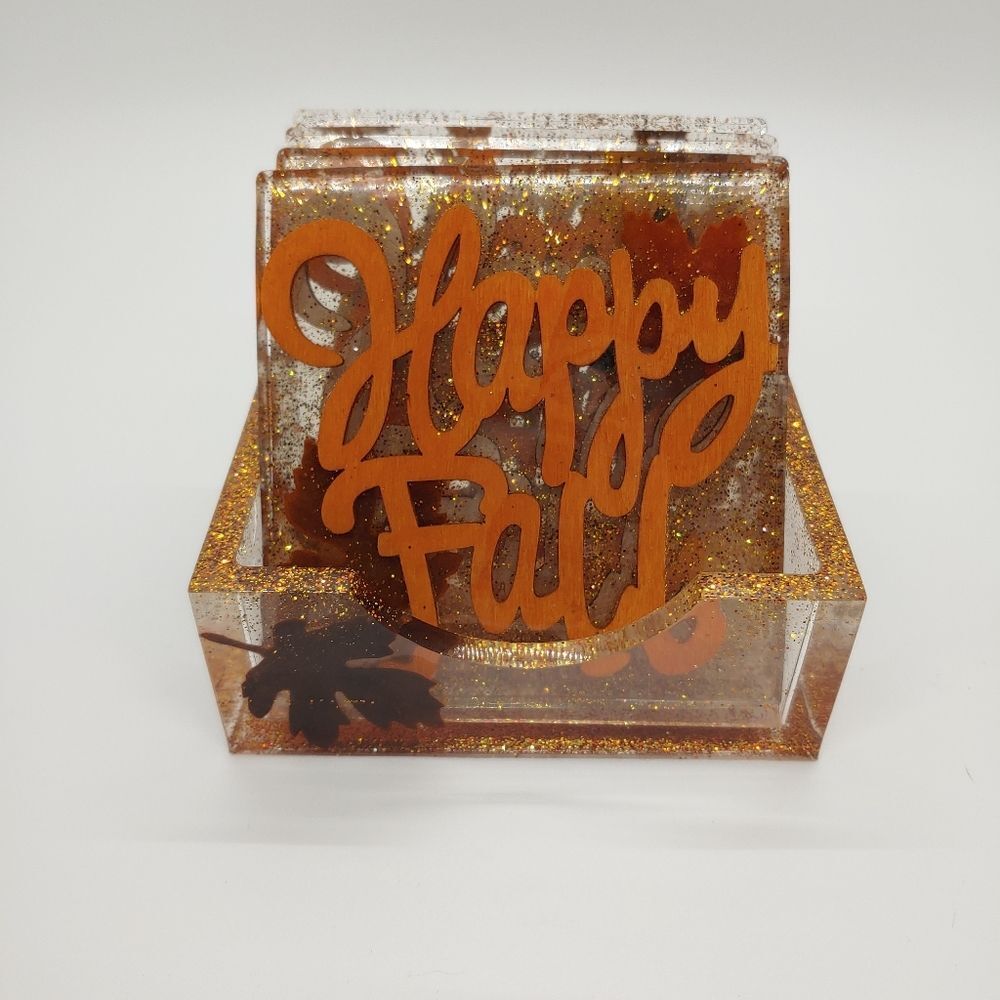 Coasters w/ Holder "Happy Fall" w/ Glitter